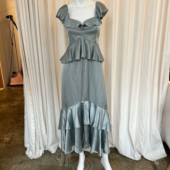 Show Me Your Mumu Reese Ruffle Dress in Silver Sage Luxe Satin size Medium - Picture 5 of 9